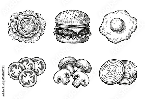Vintage hand drawn engraving style burger ingredients collection including lettuce cheeseburger fried egg tomato mushroom and onion slices.