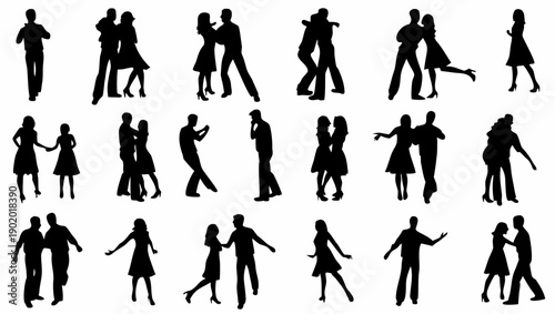 Silhouettes of couples dancing together in various poses and styles