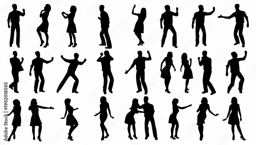 Fototapeta premium Dynamic people silhouettes dancing and celebrating together