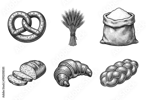 Set of bakery products and wheat harvesting elements in vintage woodcut engraving style including bread pretzel and croissant