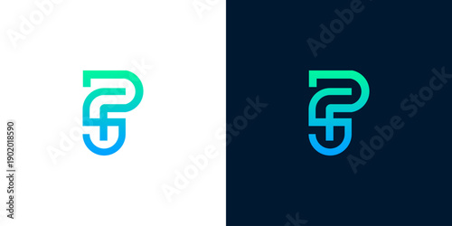 Modern gradient letter P logo design on white and dark blue backgrounds with clean lines and a tech-inspired feel