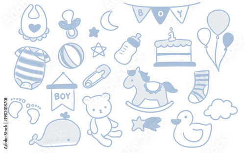 Baby Boy Vector Pack with Cute Nursery Elements, Toys, Clothes, Animals and Pastel Blue Colors