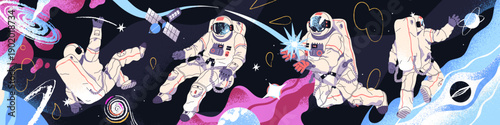Astronauts in outer space banner. Spacemen are flying in cosmos. Cosmonauts are in interstellar flight. People in spacesuits travel through galaxy, universe for discoveries. Flat vector illustration