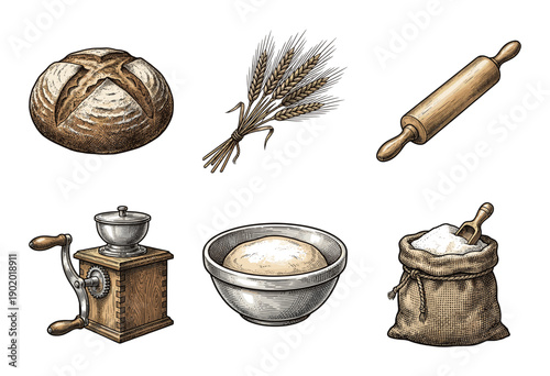 Vintage collection of rustic bakery elements featuring hand-drawn sketches of bread, wheat stalks, flour sack, mill, and rolling pin in a classic engraving style.