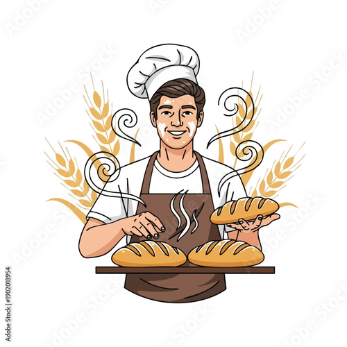 Smiling male baker holding fresh bread loaves.