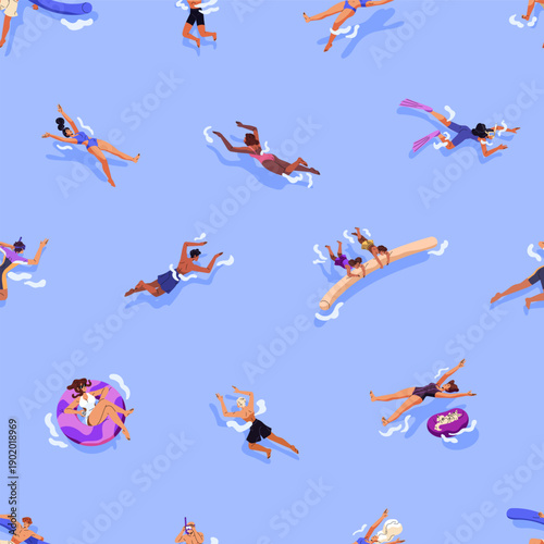 Repeatable pattern of tourists swimming in pool, sea top view. Endless background of people floating on inflatable circles, sunbathing on water on summer holidays. Flat seamless vector illustration