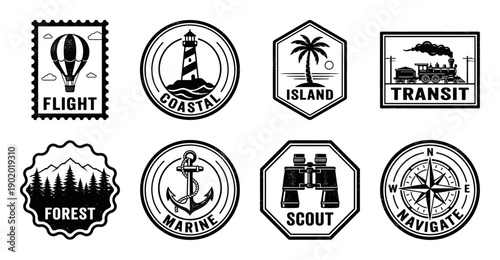 Vintage Monochrome Travel and Adventure Stamp Asset Sheet for Scrapbooking and Outdoor Branding