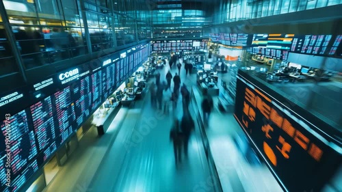 timelapse of busy stock exchange trading floor interior.