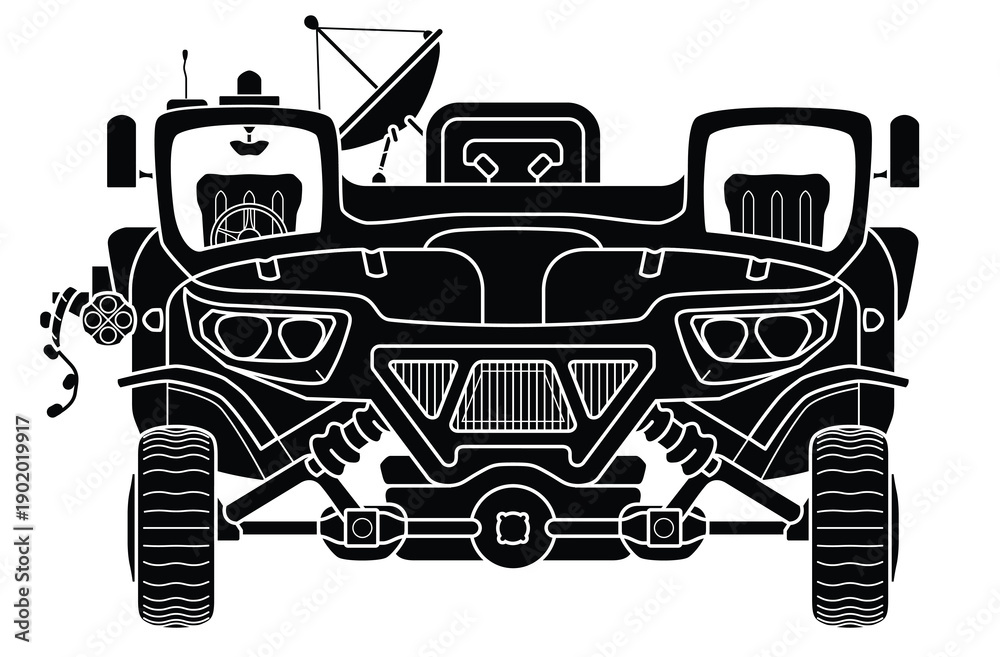 Fototapeta premium Abstract military armored vehicle. Black outline sketch. SUV front view. Engineering battle war car in frontal perspective. Vector illustration isolated on white background