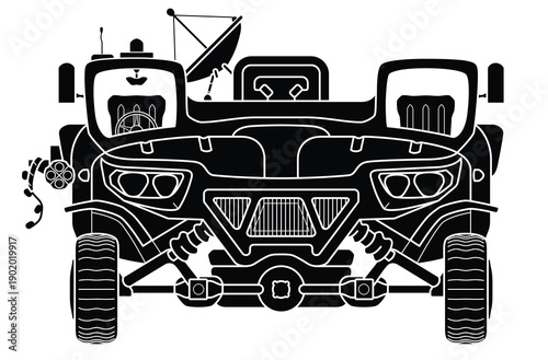 Abstract military armored vehicle. Black outline sketch. SUV front view. Engineering battle war car in frontal perspective. Vecor illustration isolated on white background