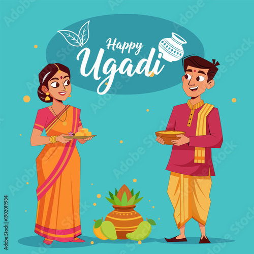 Happy Ugadi Festival Celebration with Traditional Indian Couple Performing Rituals Flat 2D Vector Motion Graphic Illustration for Animation, Web, Poster Designs