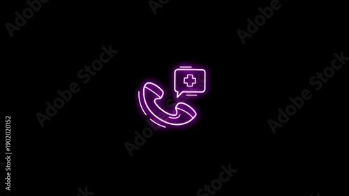 Glowing Neon Blue Emergency Call Icon Animation on Black Background, Communication Alert and Emergency Signal Symbol, Futuristic Light Motion Graphics, 4K Loop