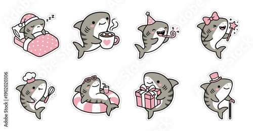 Cute Tiger Shark Sticker Set, Kawaii Vector Character Pack