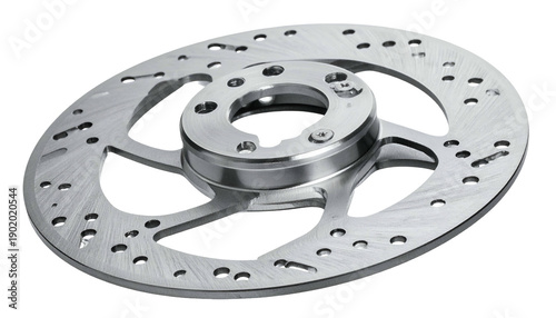 Shiny, metallic motorcycle rotor with circular design, holes, and central hub, isolated on black