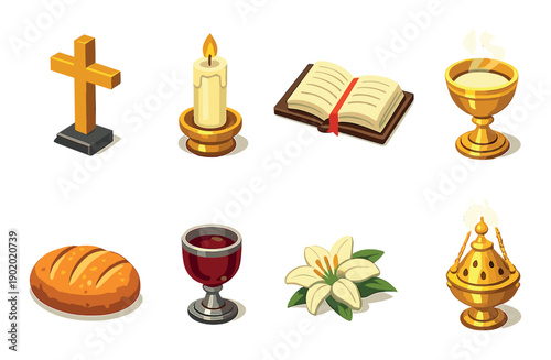 Collection of iconic christian symbols including cross, candle, bread, lily, chalice, and bible on yellow background