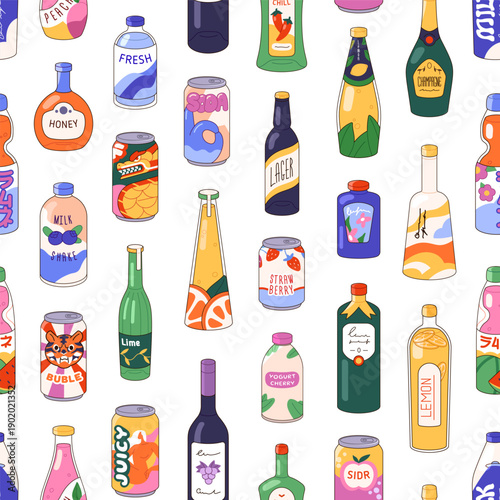 Repeatable pattern of different glass and plastic bottles of drinks. Endless background of containers of alcohol, beverages, sparkling water, juice and soda cans. Flat seamless vector illustration