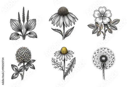 Set of six hand drawn botanical illustrations featuring medicinal herbs and wild flowers in a vintage woodcut engraving style.