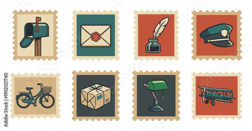 Retro Postal Service Aesthetic Postage Stamp Collection for Vintage Stationery and Mail Correspondence Design