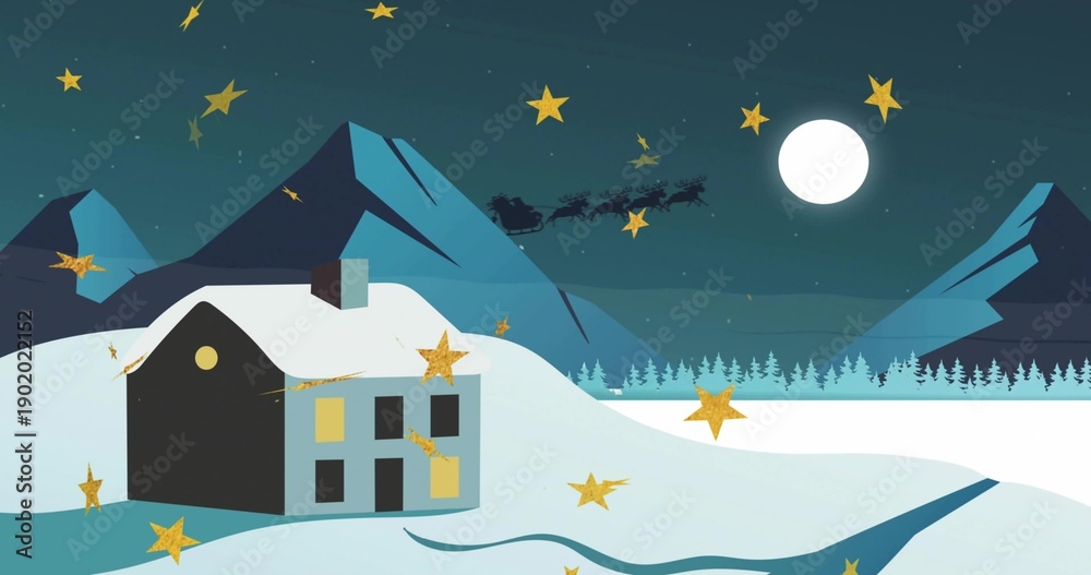 Fototapeta premium Nestling two-story house with glowing windows on snowy hill, stream winding, sleigh crossing moon