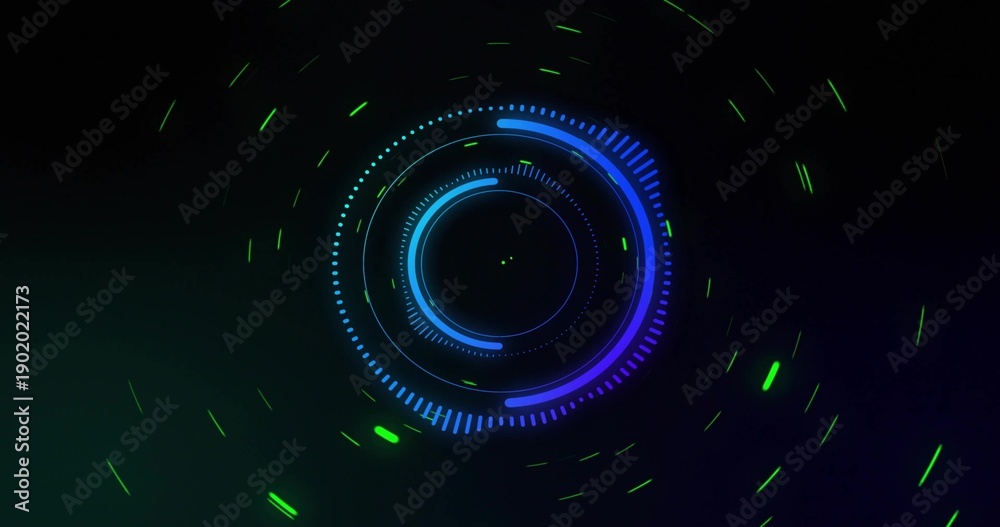 Fototapeta premium Rotating futuristic HUD showing neon rings and orbiting green particle streaks in virtual space
