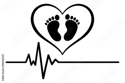 Line art illustration of baby footprints inside a heart depicting a heartbeat for maternity and newborn concepts