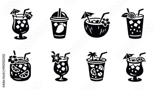 Variety of stylish black and white cocktail icons on dark background