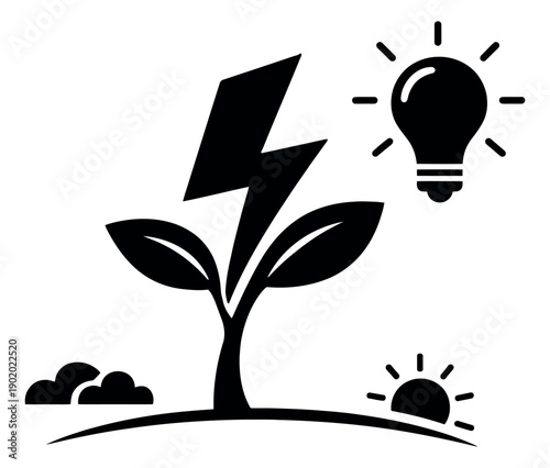 Modern solid icon eco energy symbols set featuring a plant with lightning bolt, glowing light bulb, and sun for renewable energy concepts