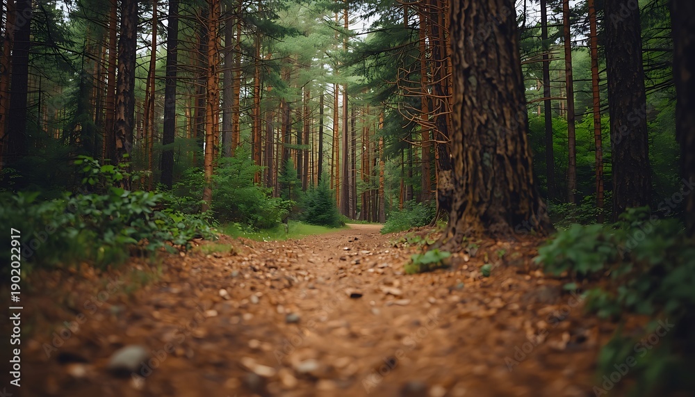 Fototapeta premium Dirt Trail Winding Through a Dense Evergreen Forest with Natural Depth of Field