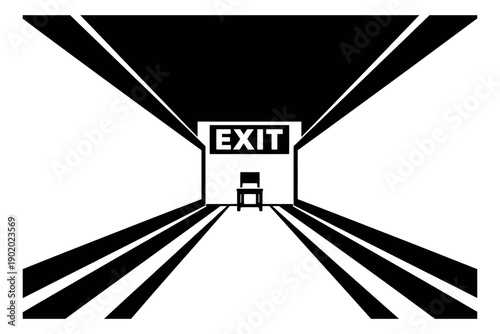 Graphic illustration of a hallway depicting an exit sign and a solitary chair for abstract concepts
