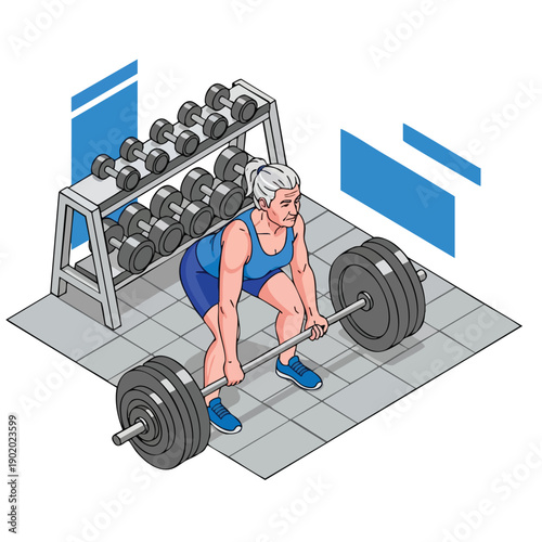 Strong senior woman performing deadlift in a gym.