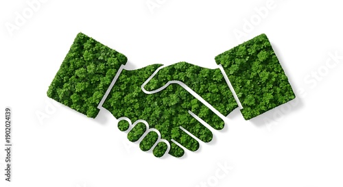 Eco-Agreement: A stylized representation of a handshake, intricately crafted from lush, vibrant foliage, symbolizing a commitment to environmental harmony and partnership.