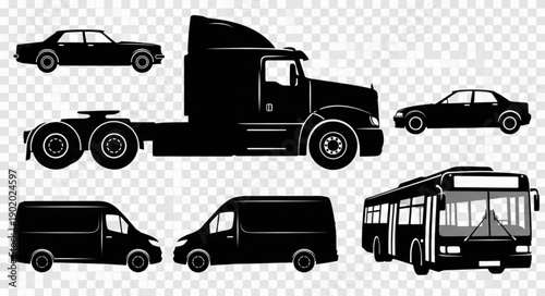 Collection of Black Silhouettes of Various Vehicles.