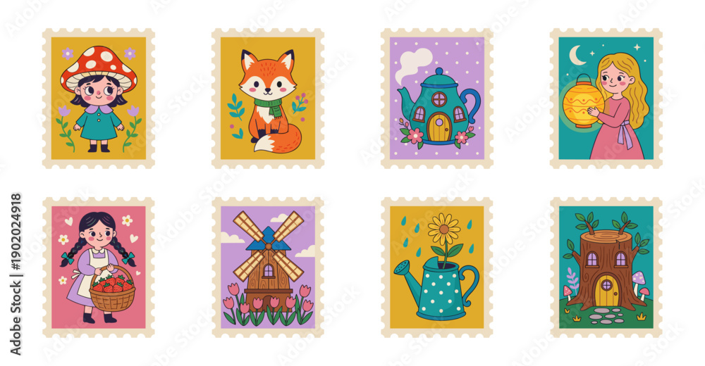 Fototapeta premium Flat Illustration Whimsical Fairy Tale Postage Stamp Collection for Children Storybook Stationery and Scrapbooking