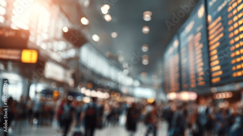 Blurred view of busy airport terminal with flight information board  