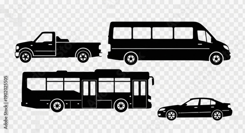 Collection of Black Silhouettes of Various Vehicles.