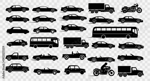 Collection of Black Silhouettes of Various Vehicles.