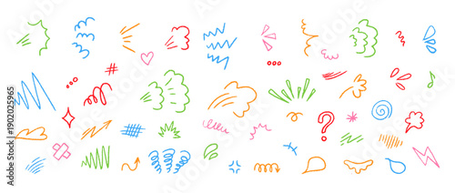 Cute anime emotion effect doodle elements with hand drawn lines, arrows, symbols and emotion marks. Perfect for manga, comic panels, expressive motion, fun stickers and graphic accents.