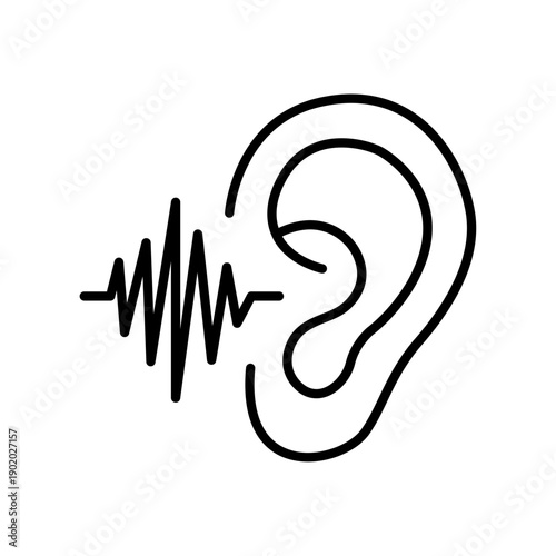Human ear with sound wave frequency vector. Minimalist line art for voice recognition, audio signal, and hearing sense. Isolated on white