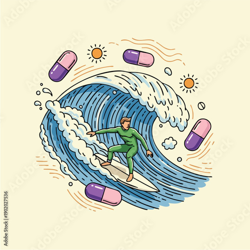 Surfer Riding a Wave with Pills and Suns.
