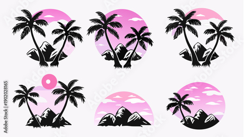 Vibrant tropical palm tree silhouettes against pink sunset