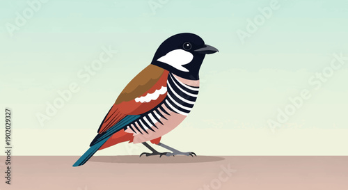Detailed illustration of a vibrantly colored bird standing on a flat surface