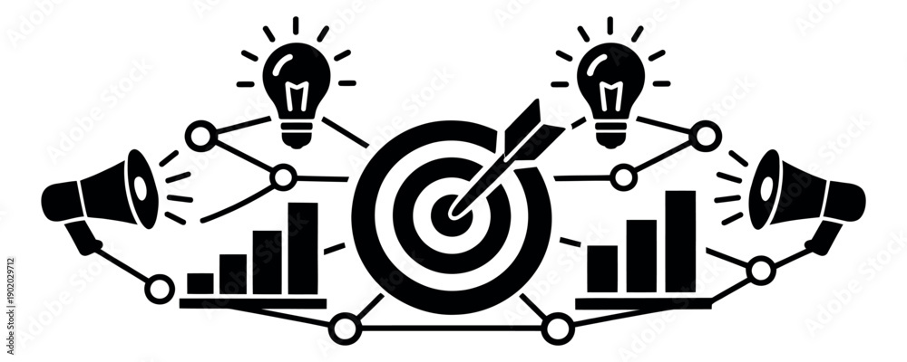 Fototapeta premium Line art illustration of a marketing campaign depicting ideas, data analysis, and promotion for business goal achievement