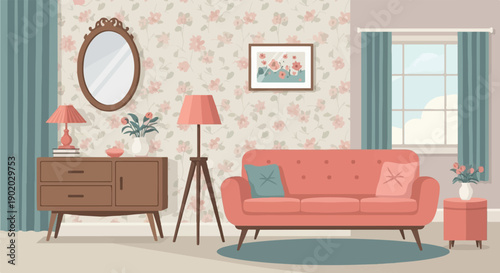 Cozy living room with floral wallpaper, coral sofa, and ornate mirror