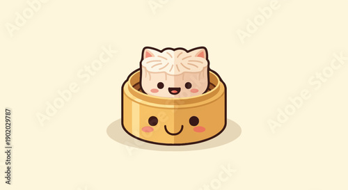 Cute dim sum character with cat ears in bamboo steamer