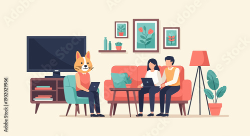 Cozy living room scene with a dog-like creature and two people working on laptops