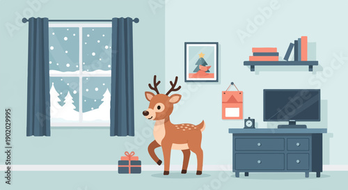 Cute reindeer in a cozy room with a snowy window view