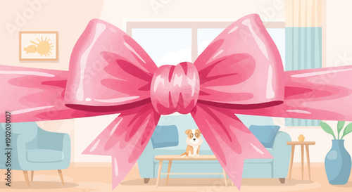 Cozy room scene with a corgi puppy greeting through a large pink ribbon
