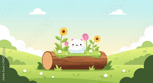 Cute white cat sits on a log amidst flowers in a sunny meadow