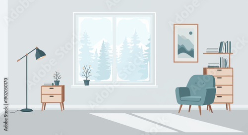Cozy room with armchair, books, lamp, plants, and winter window view