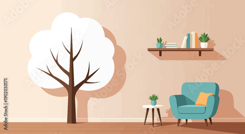 Cozy room with a large tree, armchair, and shelf of books and plants